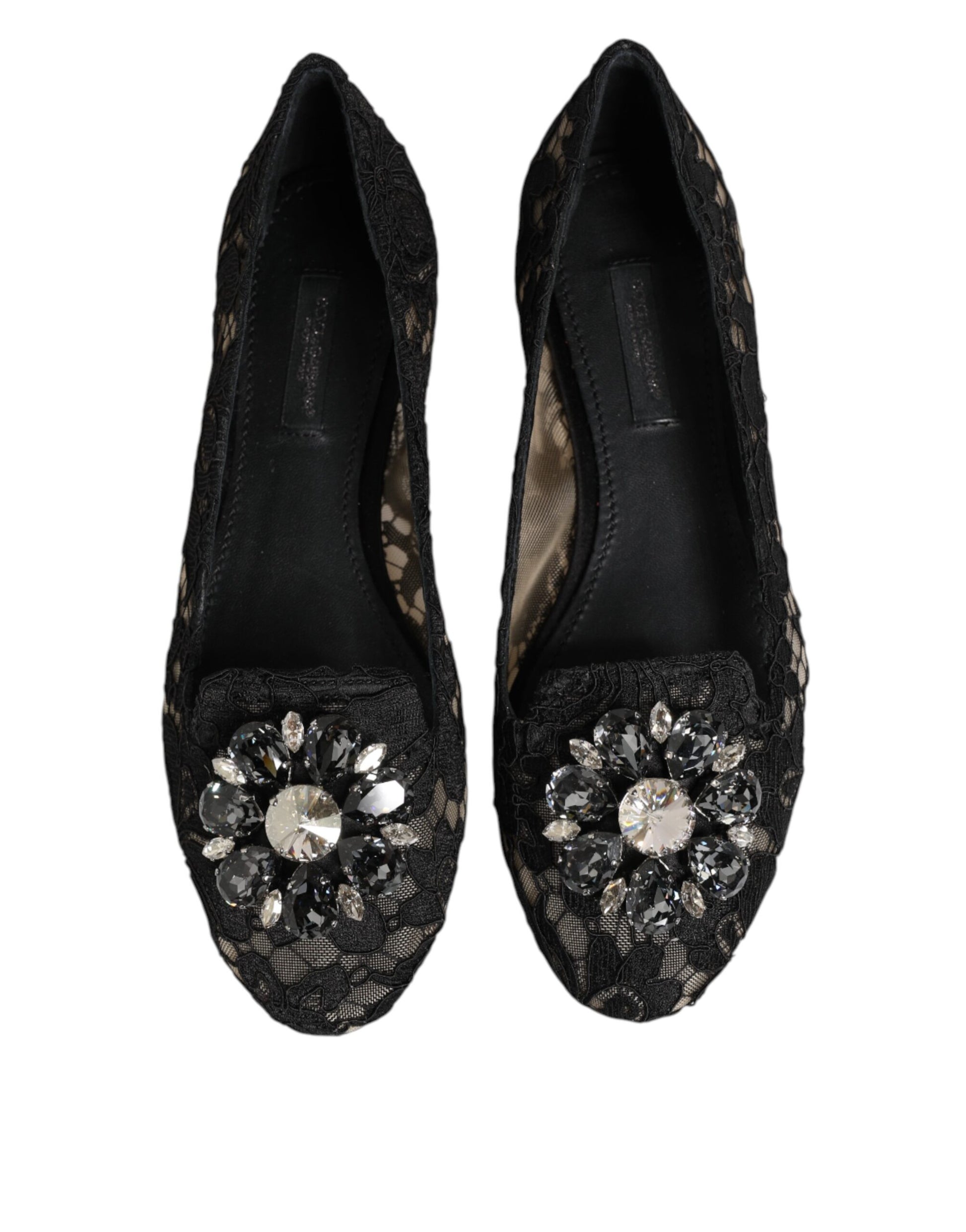 Dolce & Gabbana Black Taormina Lace Crystals Flats Shoes - ClickThatClicks 