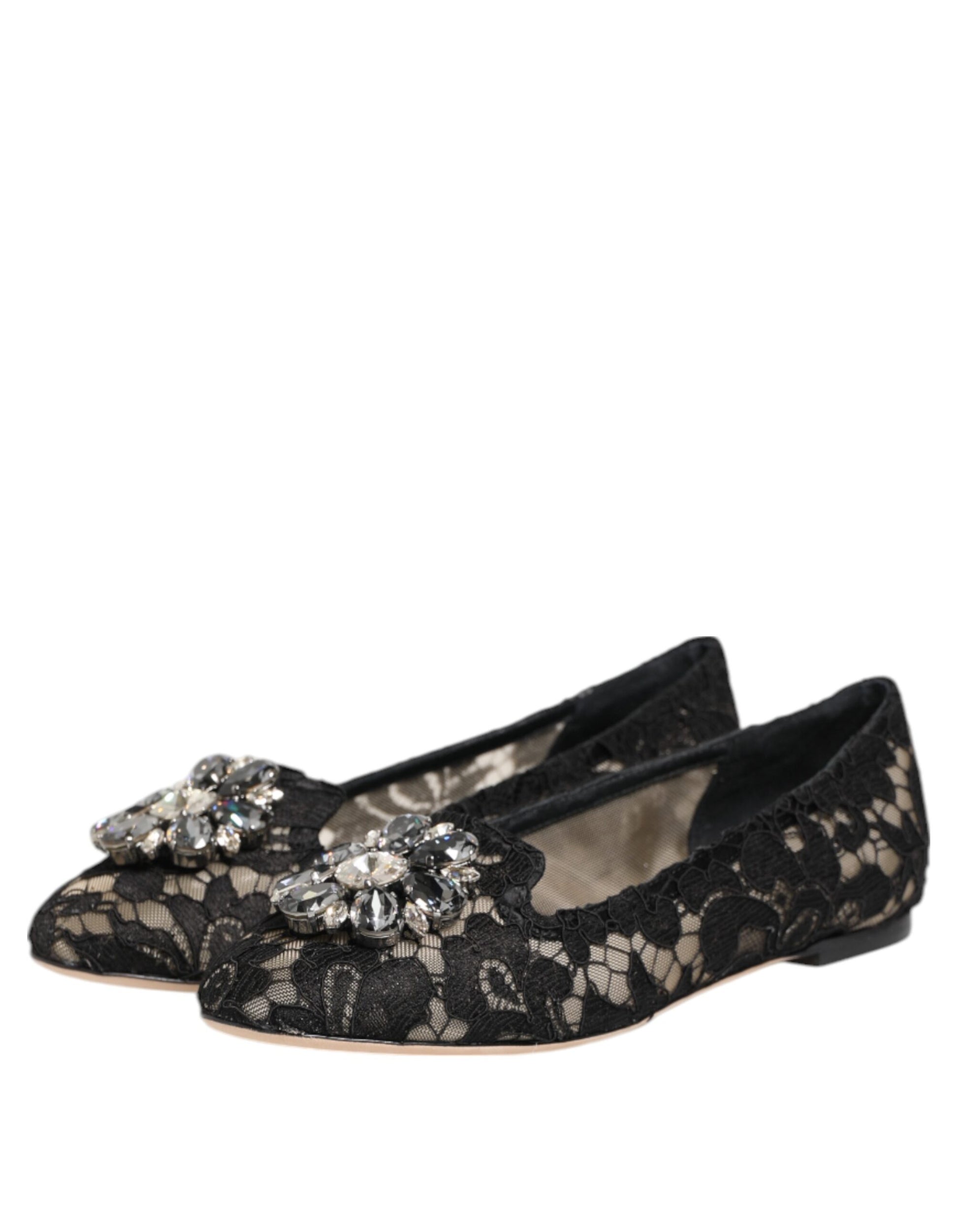Dolce & Gabbana Black Taormina Lace Crystals Flats Shoes - ClickThatClicks 