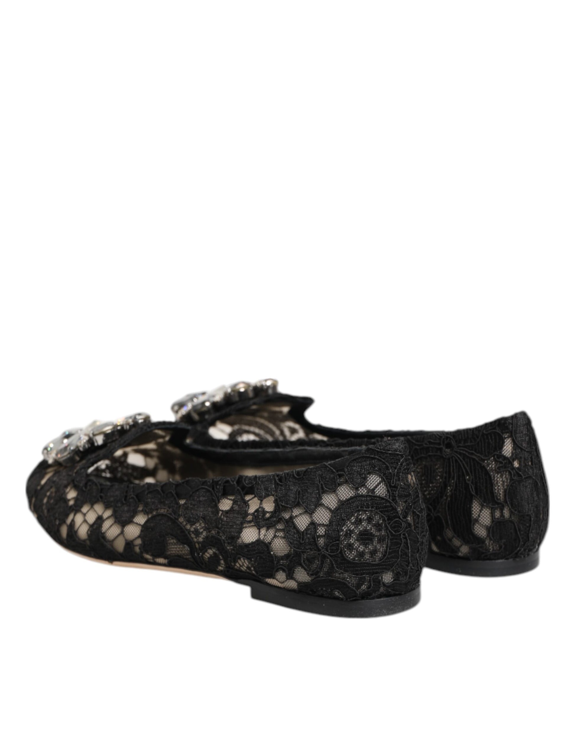 Dolce & Gabbana Black Taormina Lace Crystals Flats Shoes - ClickThatClicks 