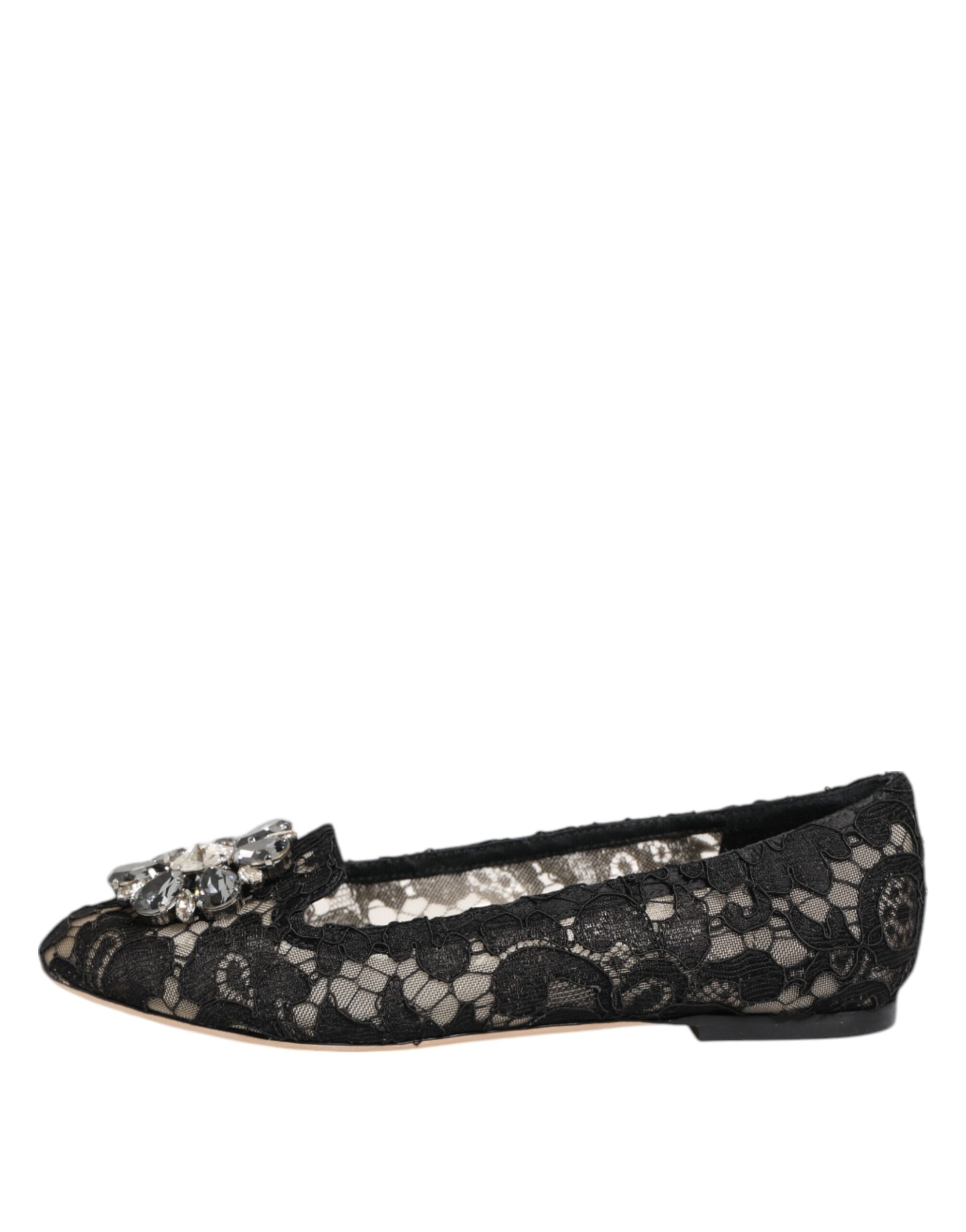 Dolce & Gabbana Black Taormina Lace Crystals Flats Shoes - ClickThatClicks 