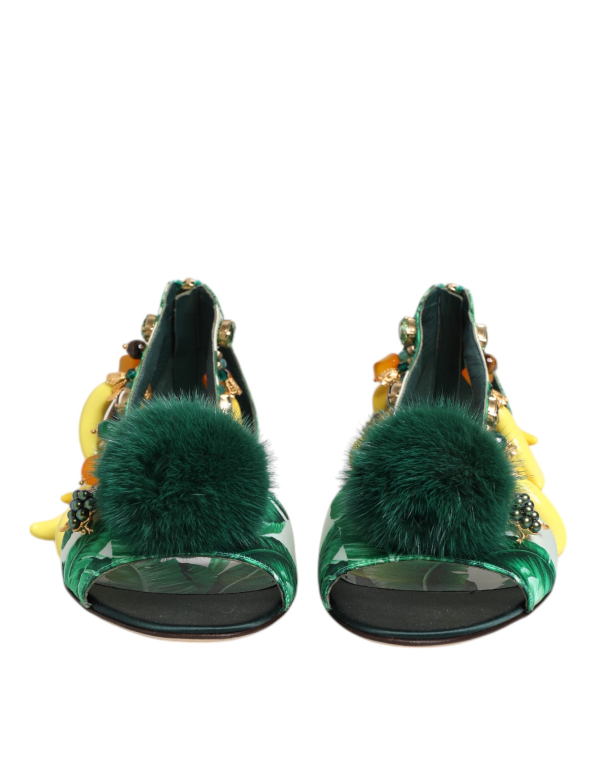 Dolce & Gabbana Green Mink Fur Satin Banana Leaf Sandals Shoes - ClickThatClicks 
