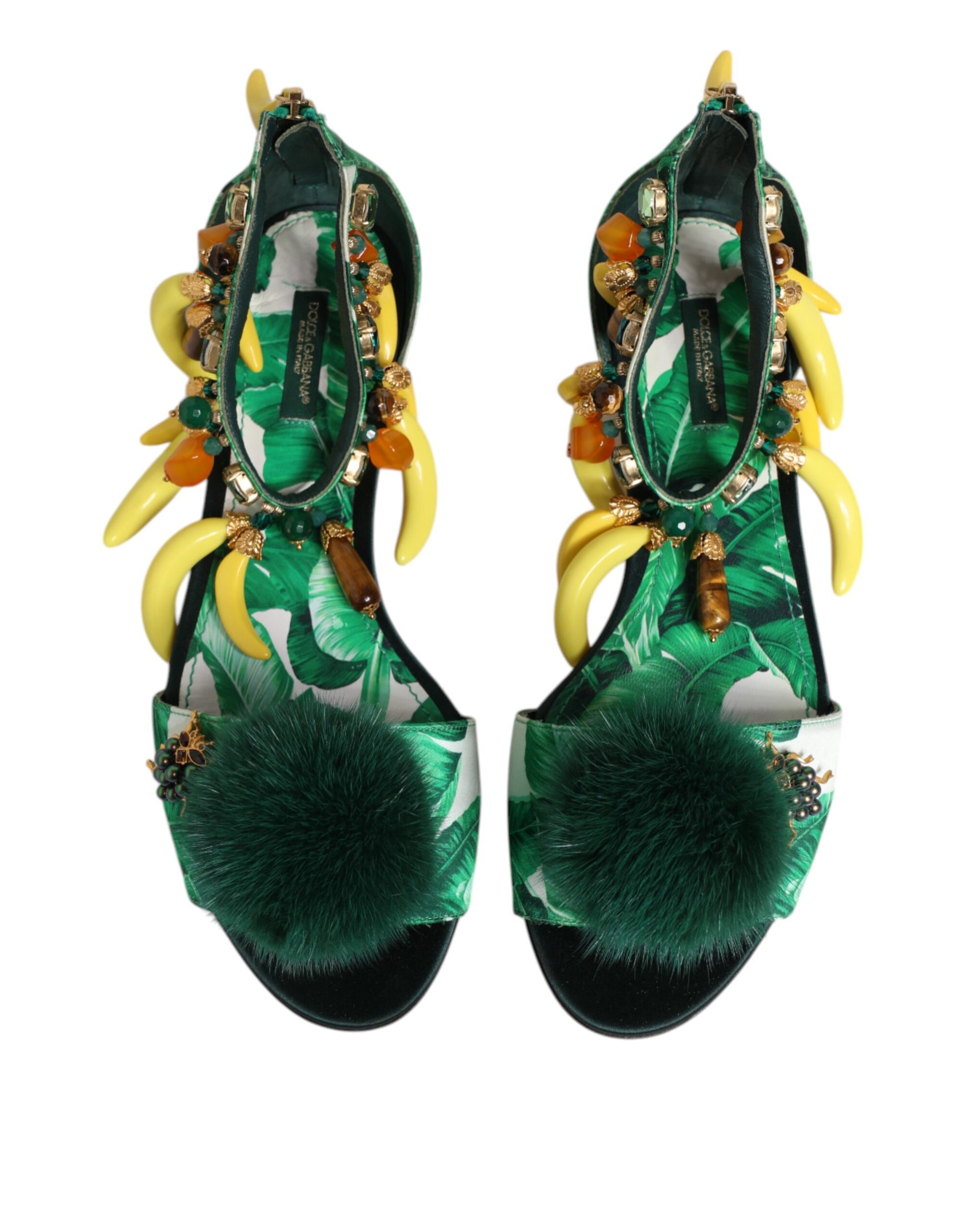 Dolce & Gabbana Green Mink Fur Satin Banana Leaf Sandals Shoes - ClickThatClicks 