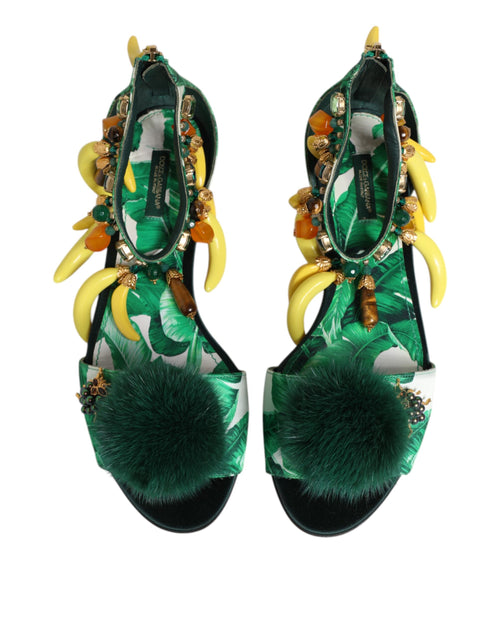 Dolce & Gabbana Green Mink Fur Satin Banana Leaf Sandals Shoes - ClickThatClicks 