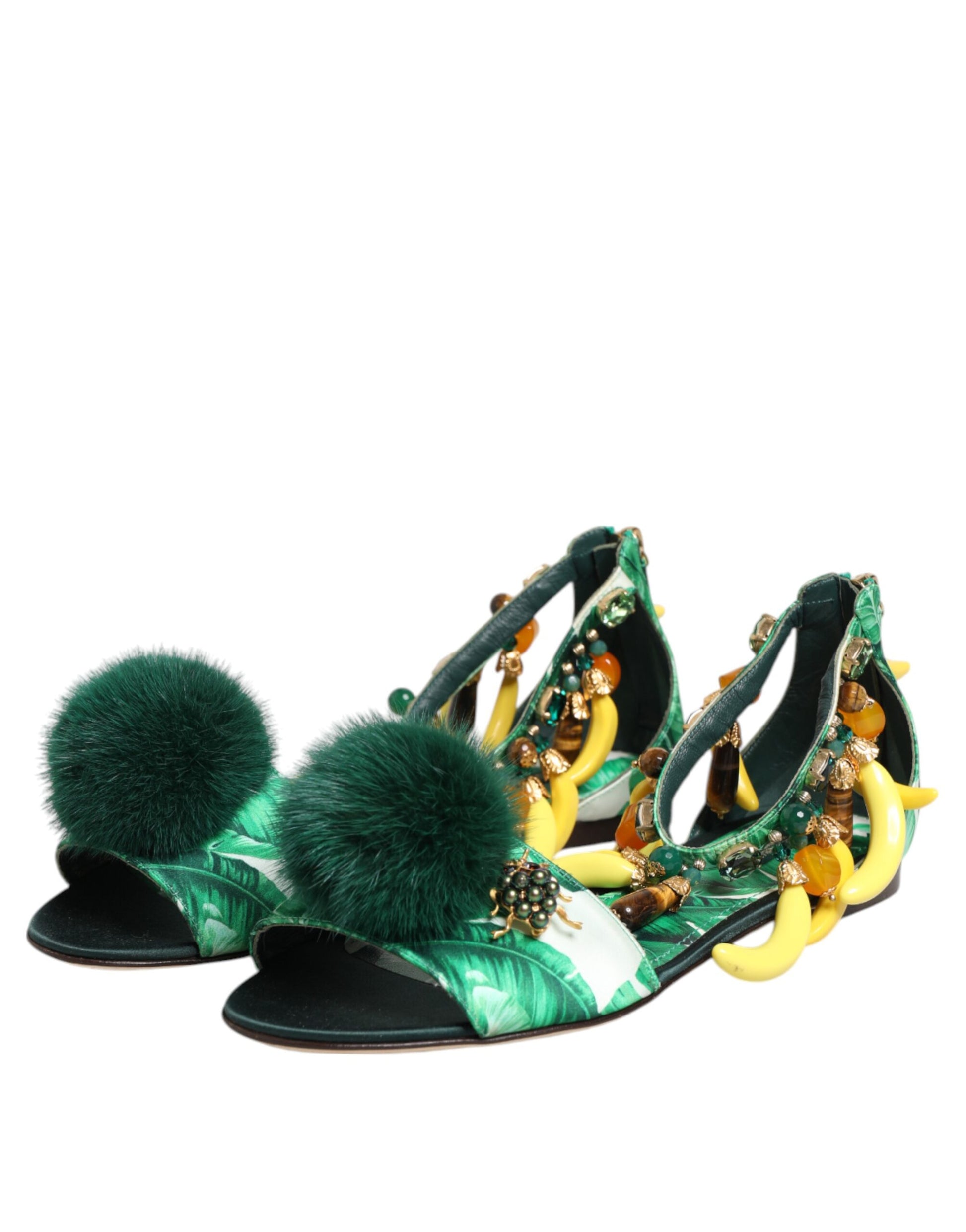 Dolce & Gabbana Green Mink Fur Satin Banana Leaf Sandals Shoes - ClickThatClicks 