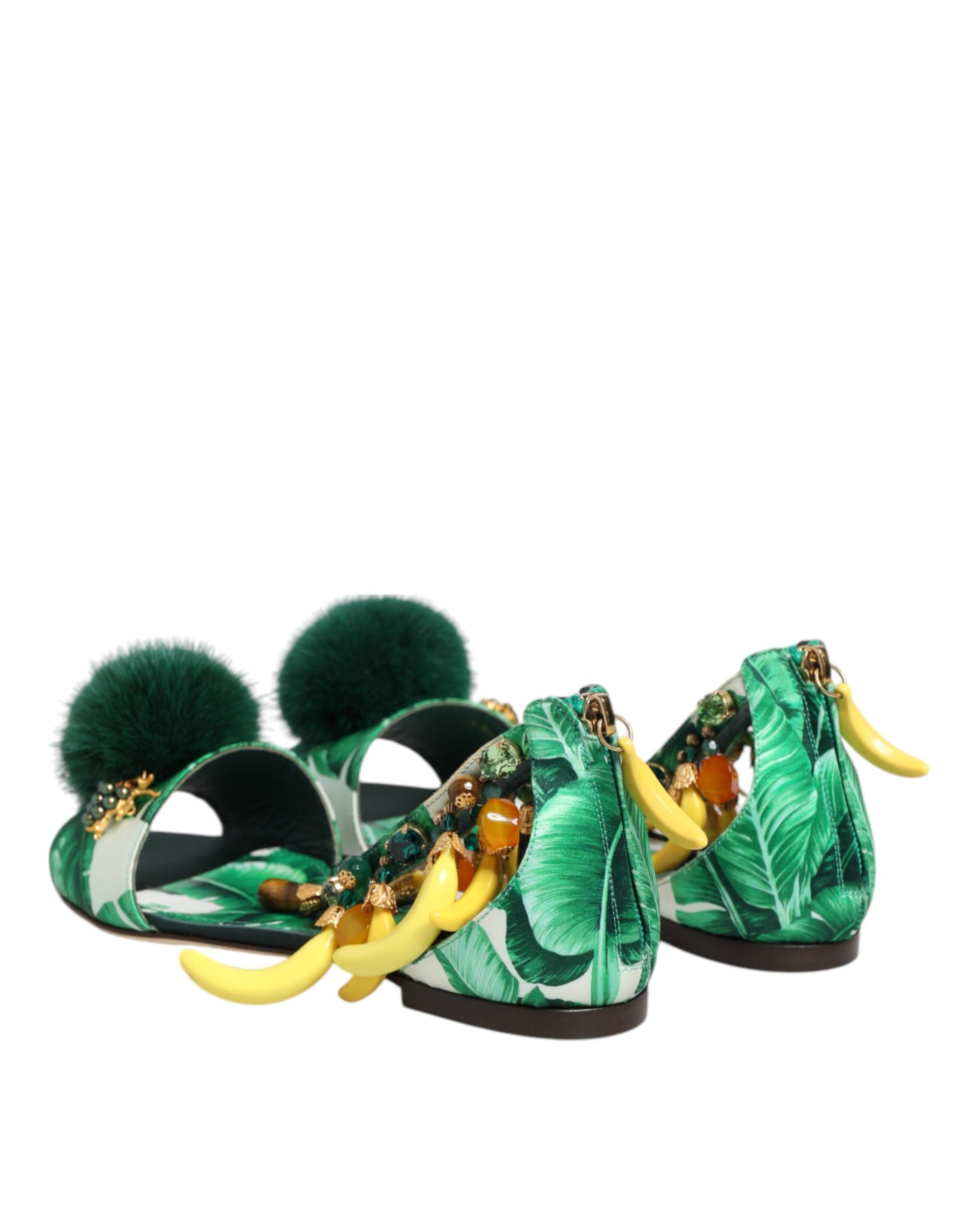 Dolce & Gabbana Green Mink Fur Satin Banana Leaf Sandals Shoes - ClickThatClicks 