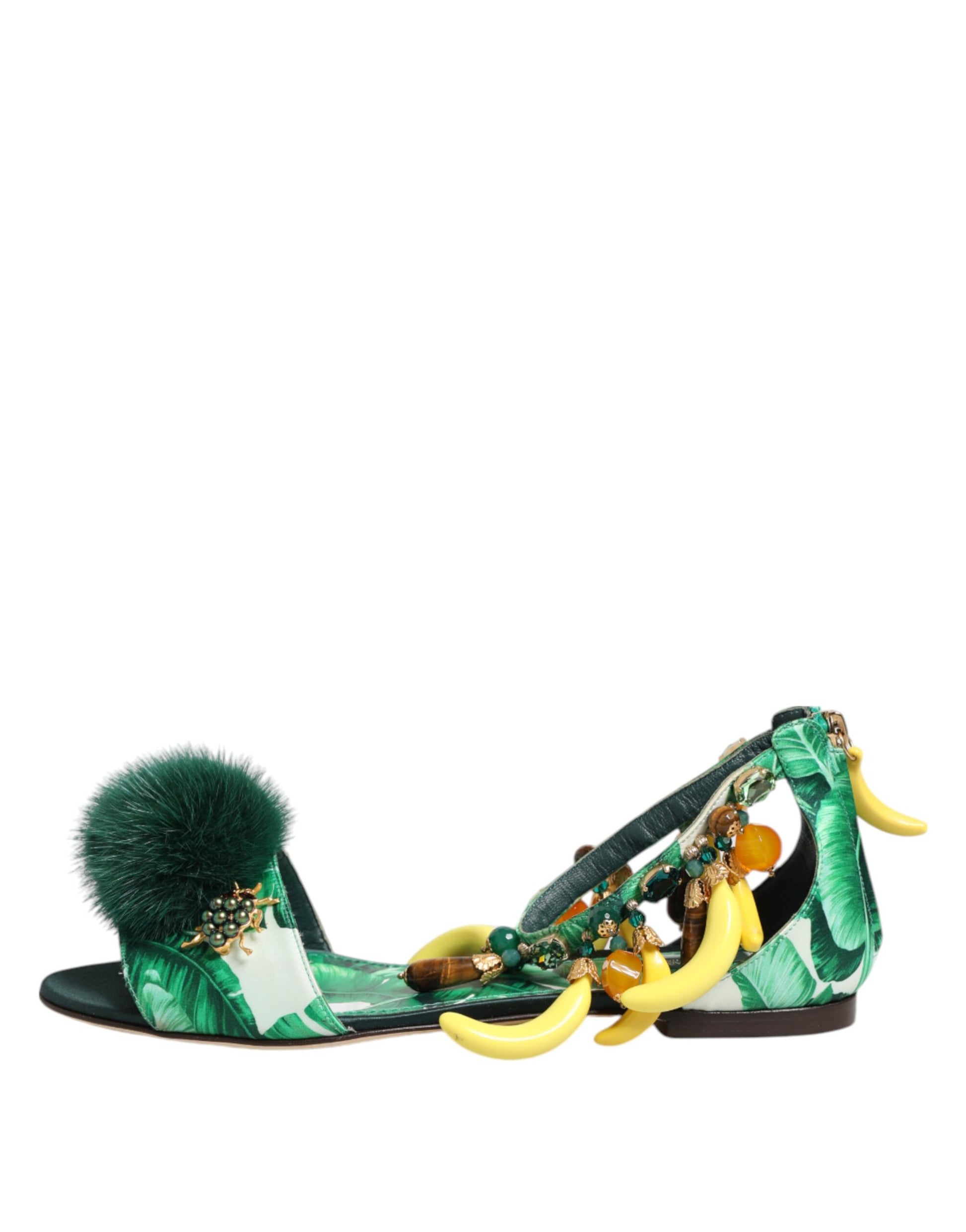 Dolce & Gabbana Green Mink Fur Satin Banana Leaf Sandals Shoes - ClickThatClicks 