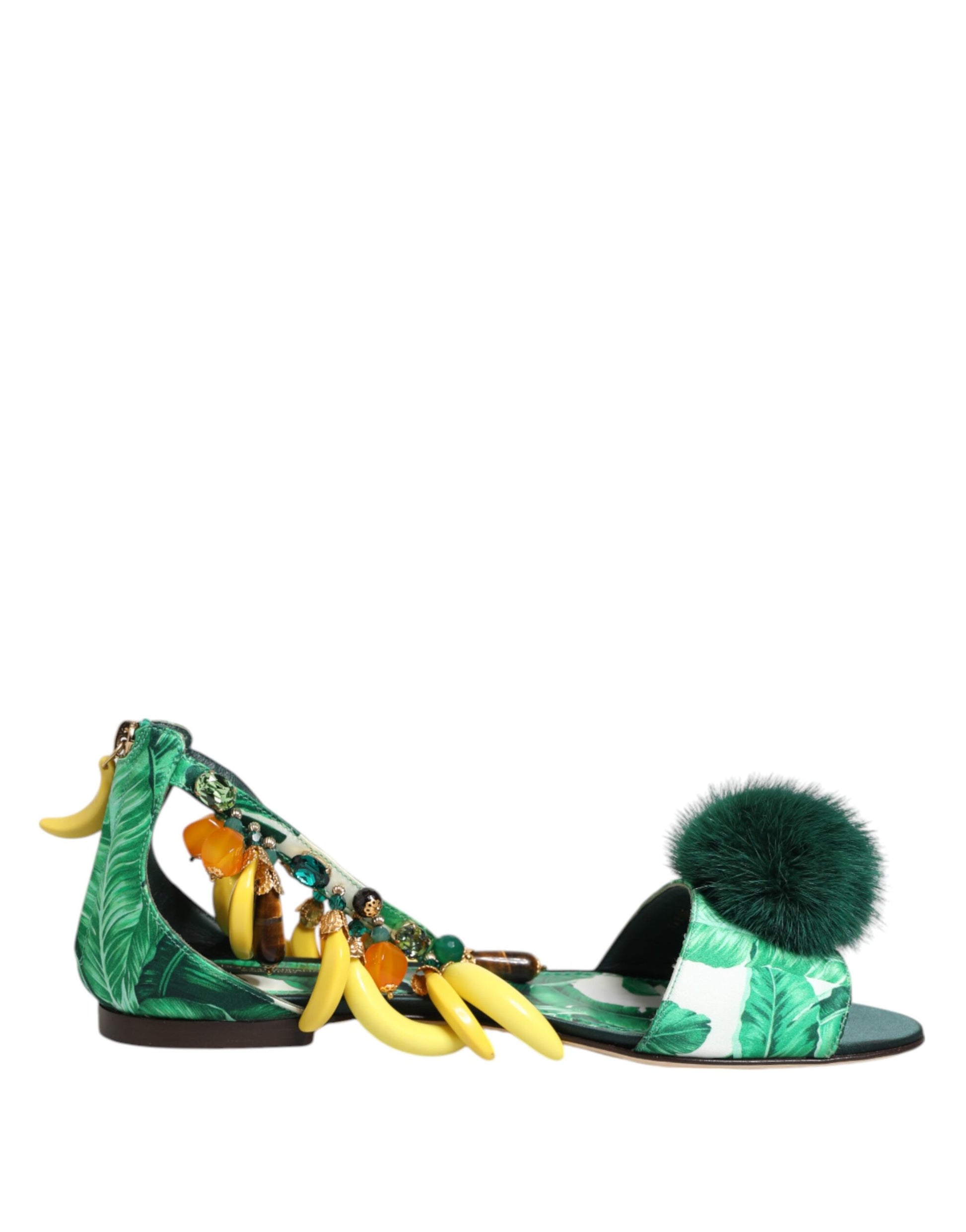 Dolce & Gabbana Green Mink Fur Satin Banana Leaf Sandals Shoes - ClickThatClicks 