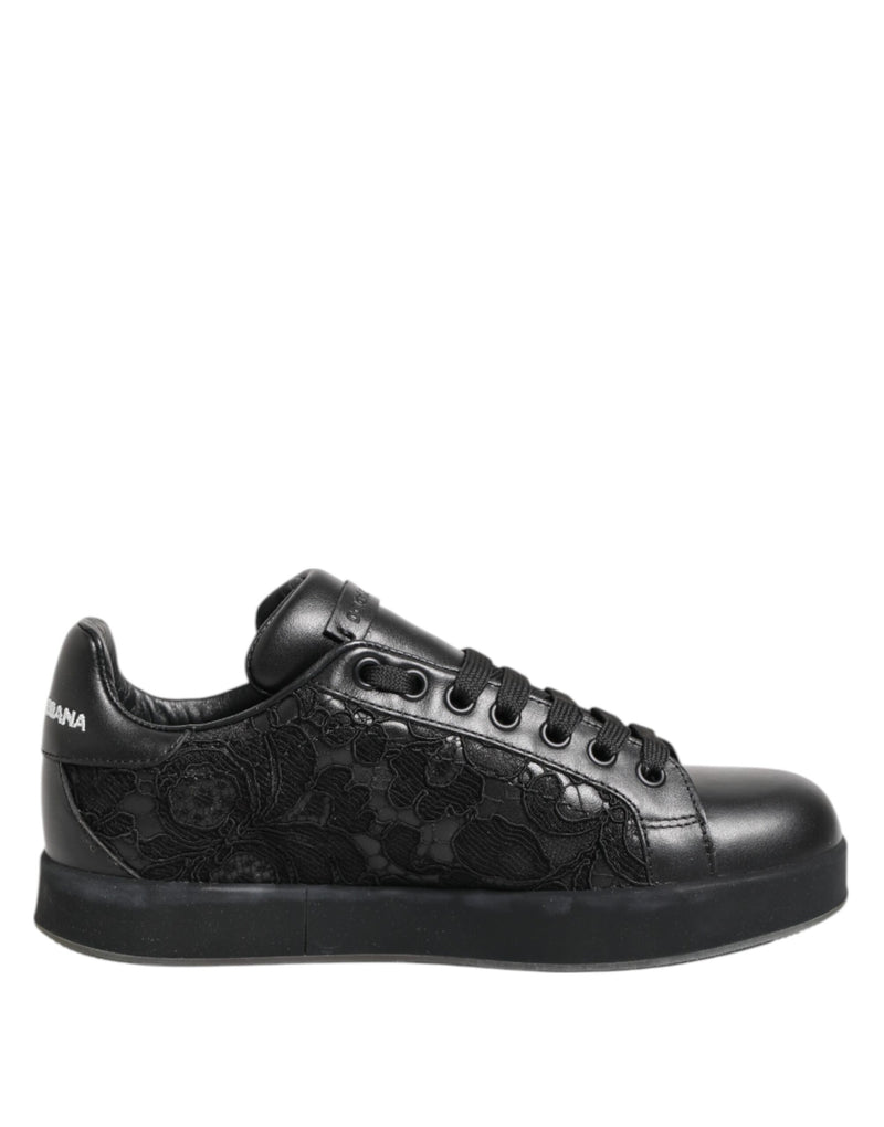 Dolce & Gabbana Black Floral Lace Low Top Sneakers Shoes