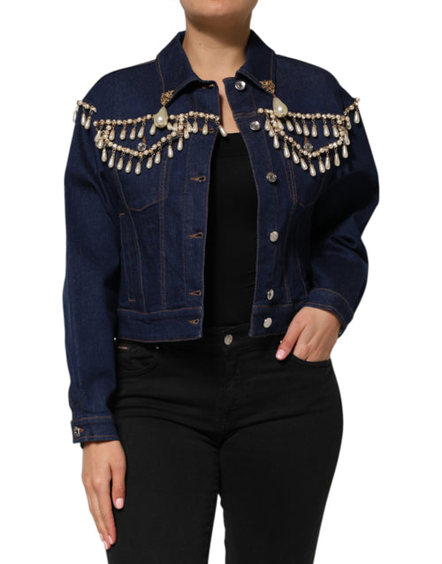 Dolce & Gabbana Blue Cotton Denim Crystal Embellished Jacket - ClickThatClicks 