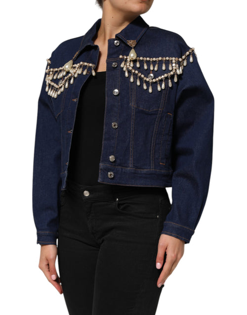 Dolce & Gabbana Blue Cotton Denim Crystal Embellished Jacket - ClickThatClicks 