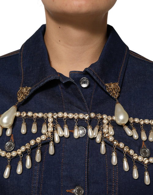 Dolce & Gabbana Blue Cotton Denim Crystal Embellished Jacket - ClickThatClicks 