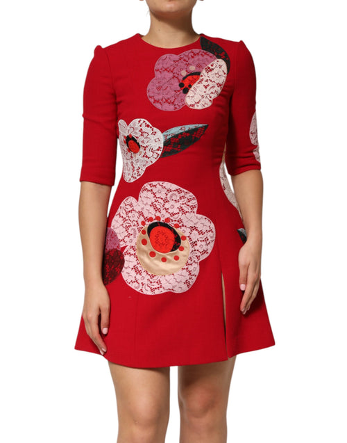 Dolce & Gabbana Red Lace Floral Applique A-line Mini Dress - ClickThatClicks 