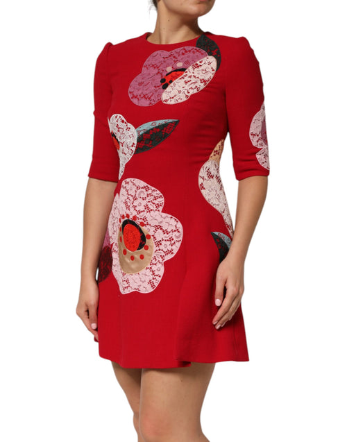 Dolce & Gabbana Red Lace Floral Applique A-line Mini Dress - ClickThatClicks 