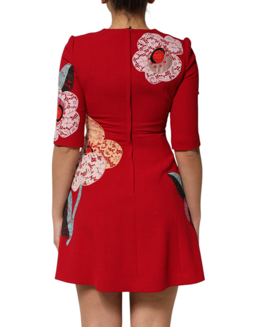 Dolce & Gabbana Red Lace Floral Applique A-line Mini Dress - ClickThatClicks 
