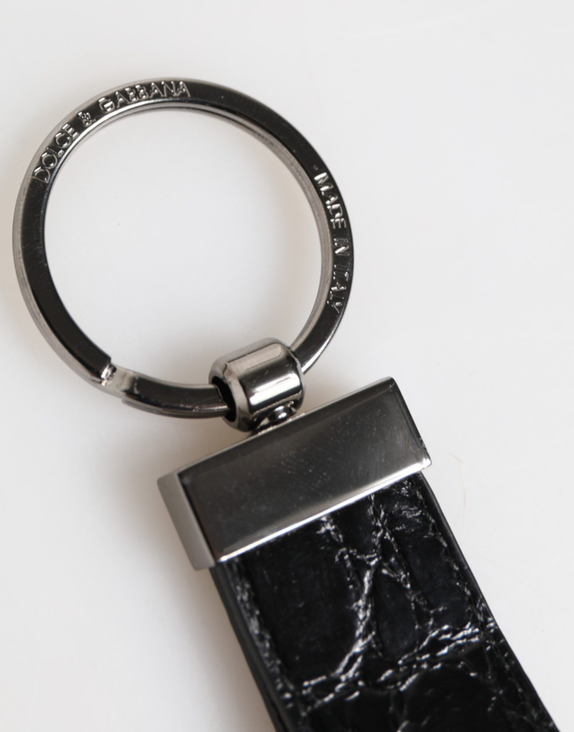 Dolce & Gabbana Black Leather Logo Metal Ring Keychain Holder Men Keyring - ClickThatClicks 
