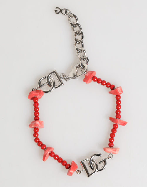 Dolce & Gabbana Silver Tone Brass Beaded Resin DG Logo Chain Men Bracelet - ClickThatClicks 