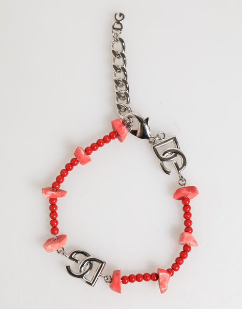 Dolce & Gabbana Silver Tone Brass Beaded Resin DG Logo Chain Men Bracelet - ClickThatClicks 