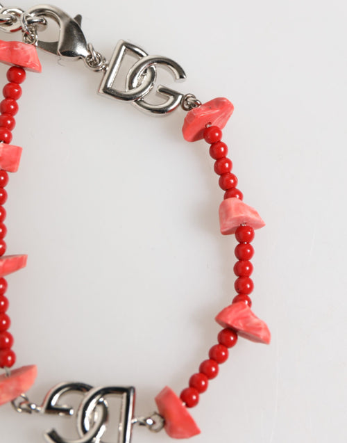 Dolce & Gabbana Silver Tone Brass Beaded Resin DG Logo Chain Men Bracelet - ClickThatClicks 