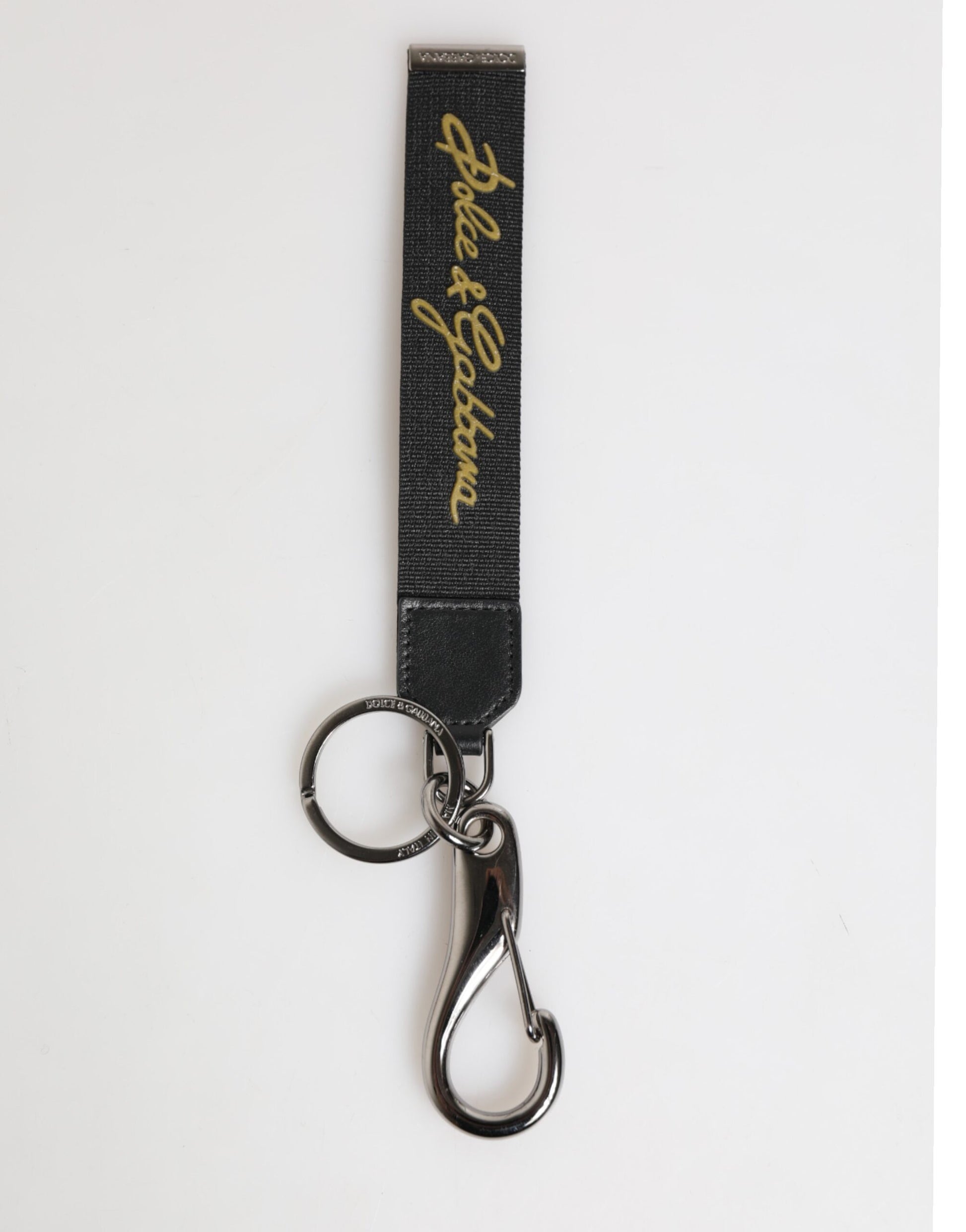 Dolce & Gabbana Black Yellow Polyester DG Logo Silver Keychain Keyring - ClickThatClicks 