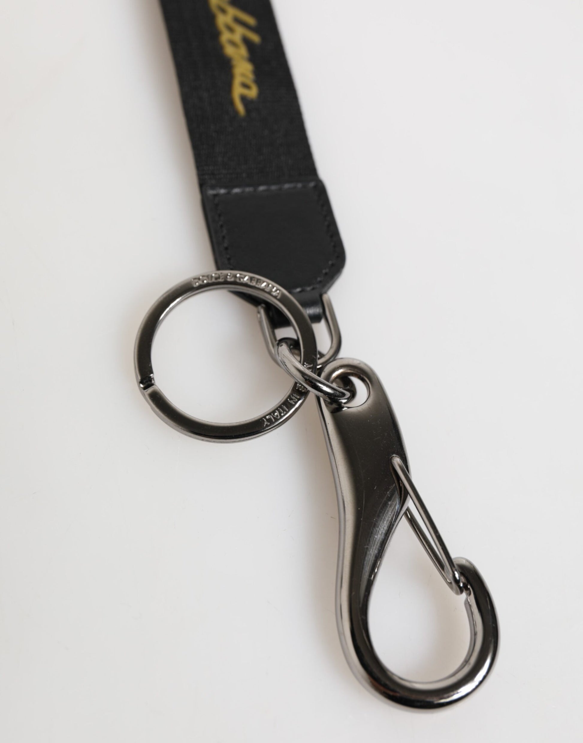 Dolce & Gabbana Black Yellow Polyester DG Logo Silver Keychain Keyring - ClickThatClicks 