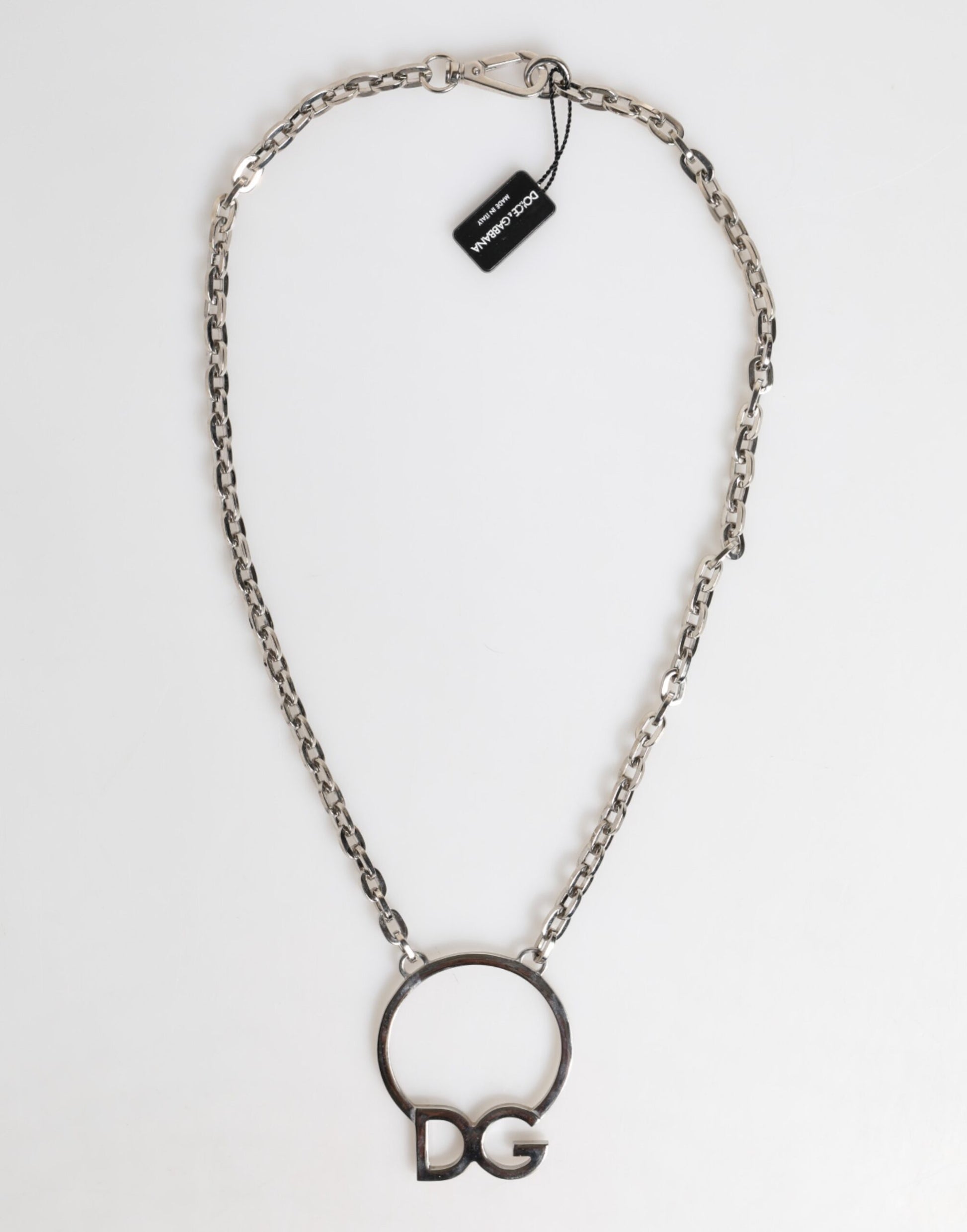Dolce & Gabbana Silver Tone Brass Chain DG Logo Pendant Men Necklace - ClickThatClicks 