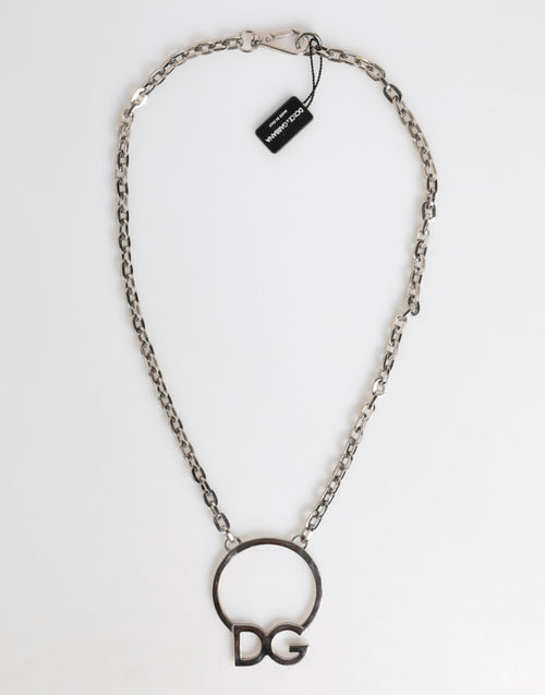Dolce & Gabbana Silver Tone Brass Chain DG Logo Pendant Men Necklace - ClickThatClicks 