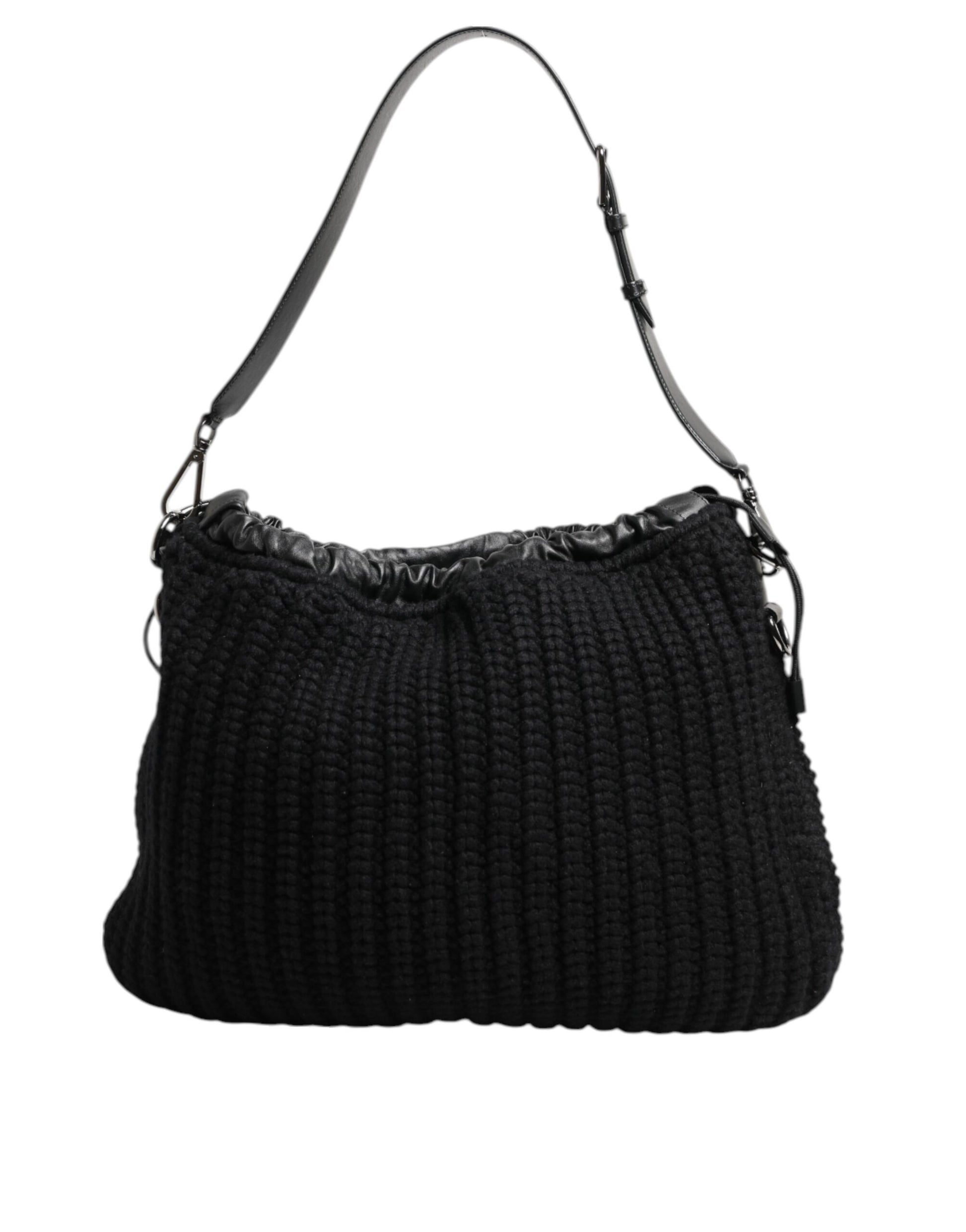 Dolce & Gabbana Black Cashmere Knitted Leather Shoulder Women Borse Bag - ClickThatClicks 