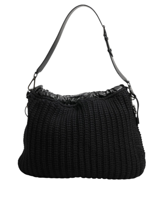 Dolce & Gabbana Black Cashmere Knitted Leather Shoulder Women Borse Bag - ClickThatClicks 