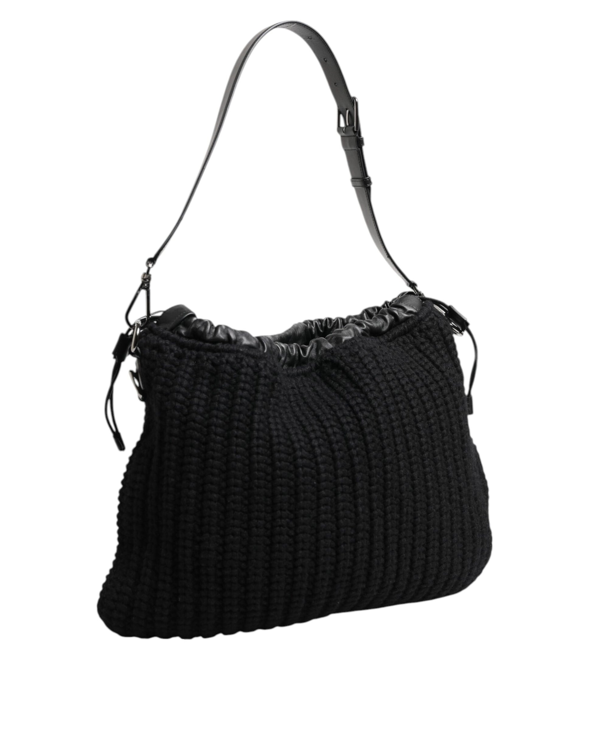 Dolce & Gabbana Black Cashmere Knitted Leather Shoulder Women Borse Bag - ClickThatClicks 