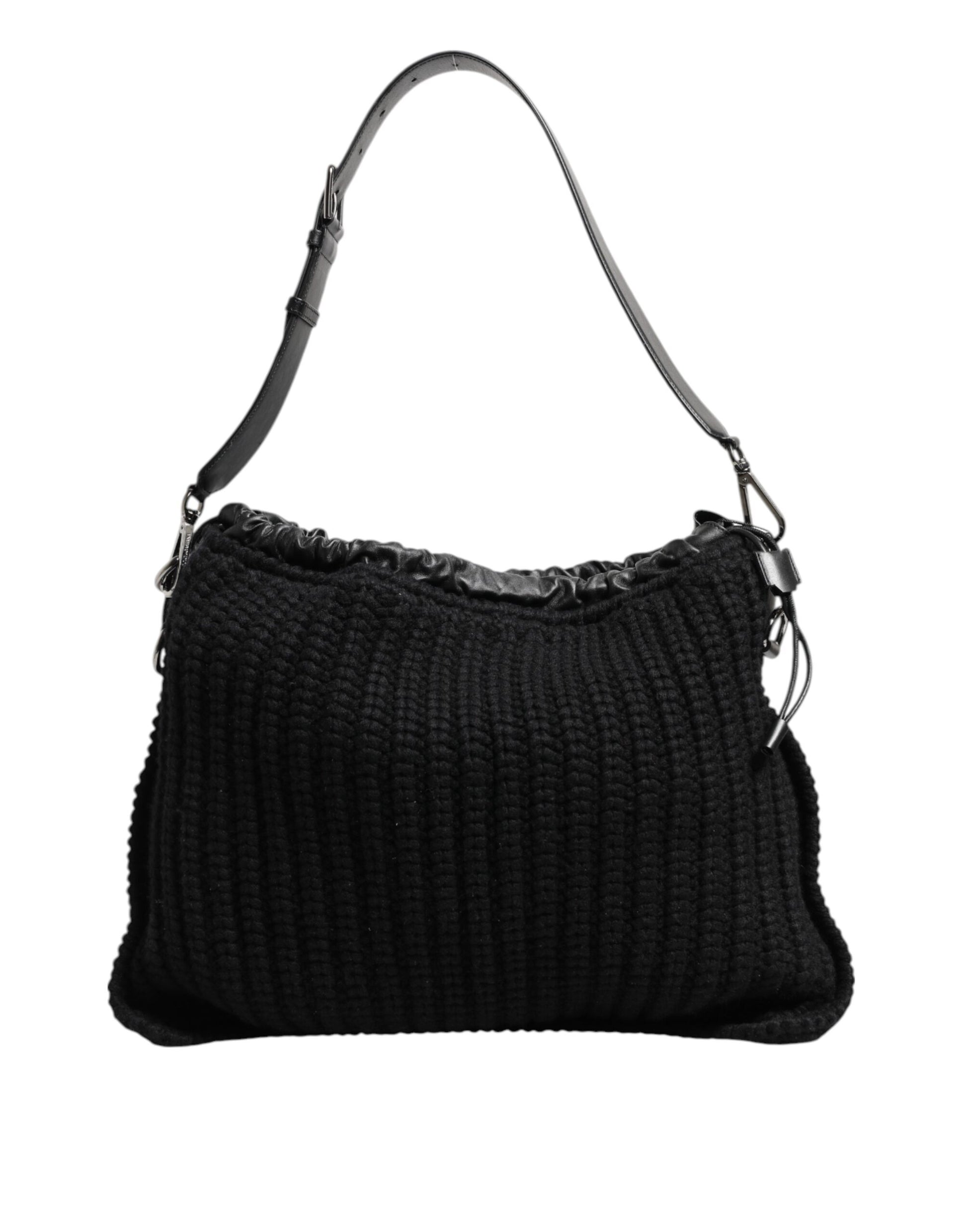 Dolce & Gabbana Black Cashmere Knitted Leather Shoulder Women Borse Bag - ClickThatClicks 