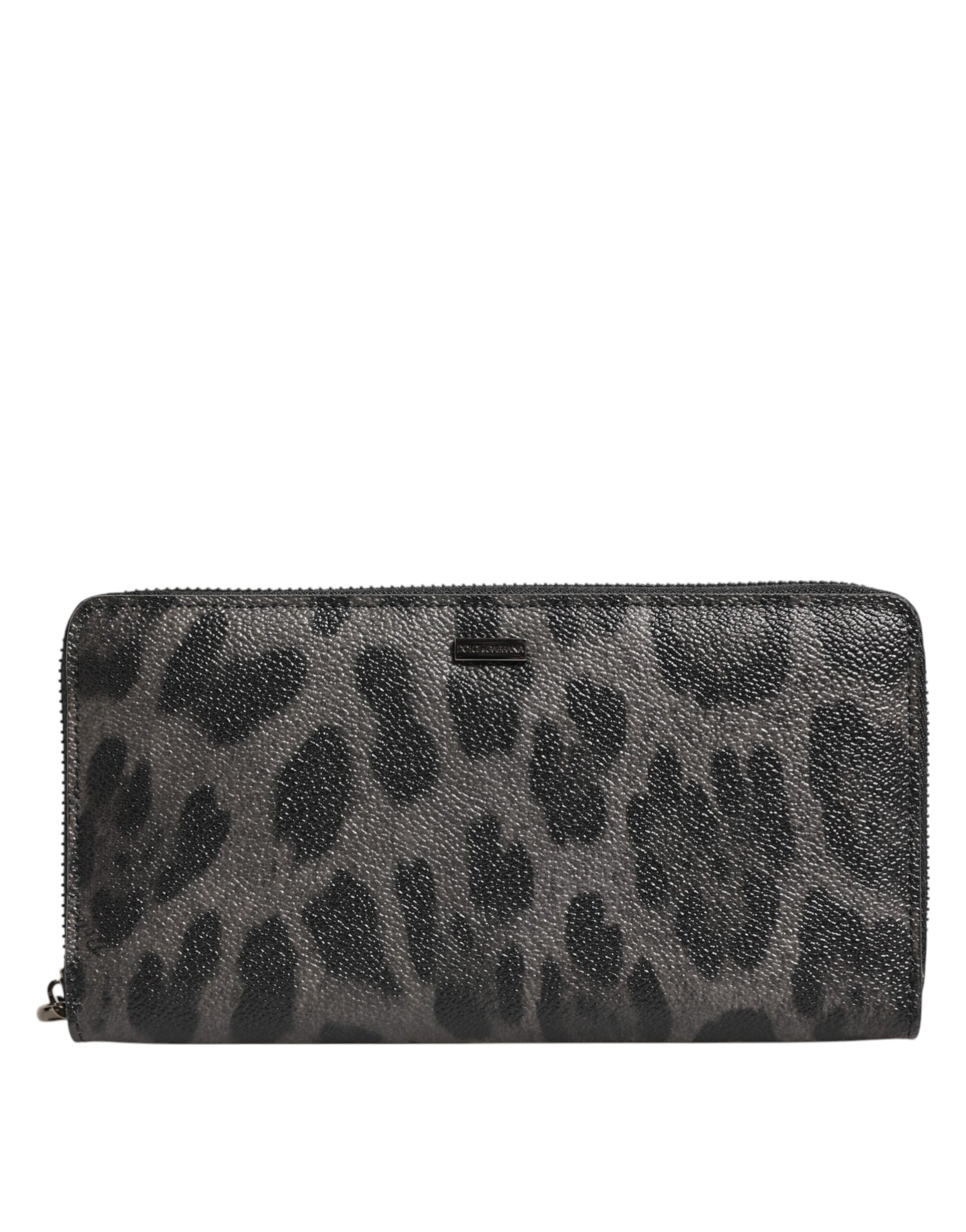 Dolce & Gabbana Black Gray Leopard Leather Zip Around Continental Wallet - ClickThatClicks 