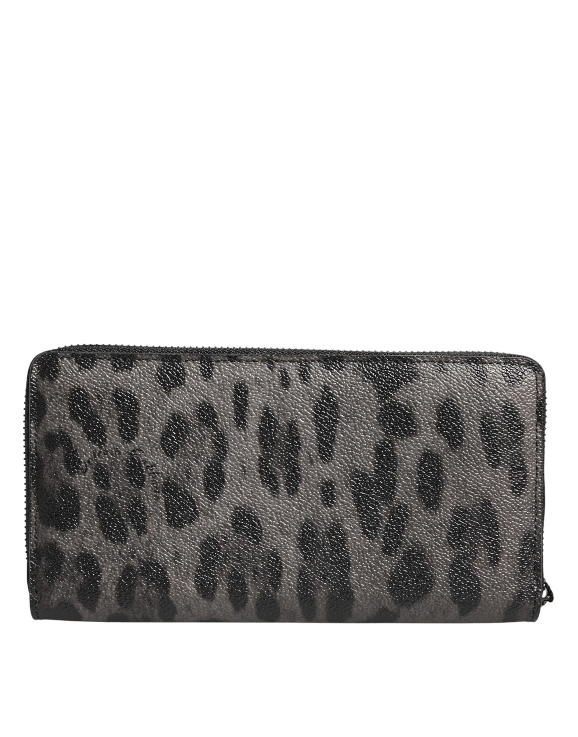 Dolce & Gabbana Black Gray Leopard Leather Zip Around Continental Wallet - ClickThatClicks 