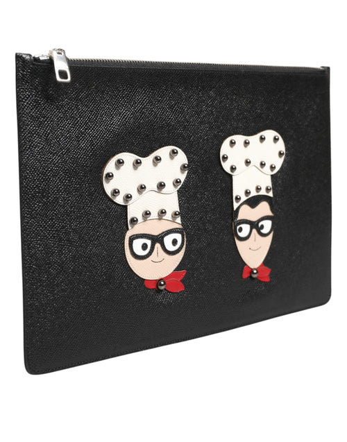 Dolce & Gabbana Black Leather #DGFAMILY Embellished Men Clutch Pouch Bag - ClickThatClicks 