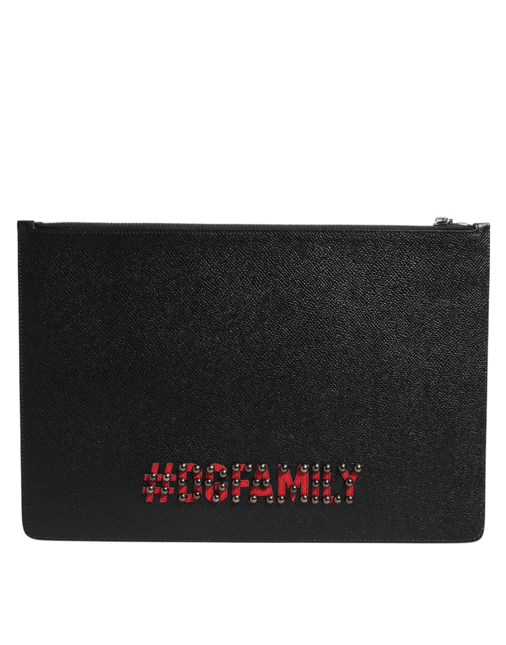 Dolce & Gabbana Black Leather #DGFAMILY Embellished Men Clutch Pouch Bag - ClickThatClicks 