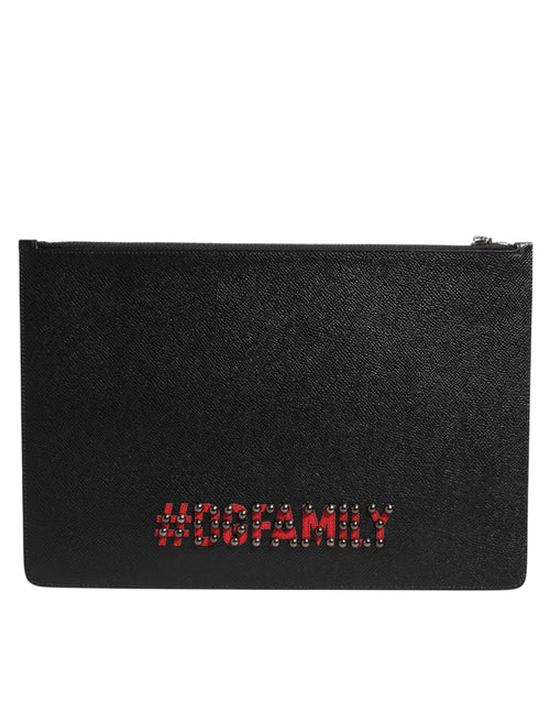 Dolce & Gabbana Black Leather #DGFAMILY Embellished Men Clutch Pouch Bag - ClickThatClicks 