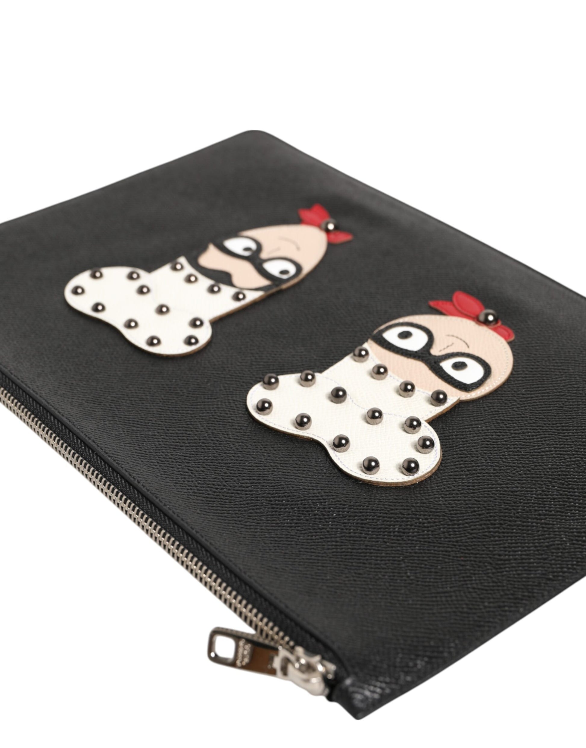 Dolce & Gabbana Black Leather #DGFAMILY Embellished Men Clutch Pouch Bag - ClickThatClicks 