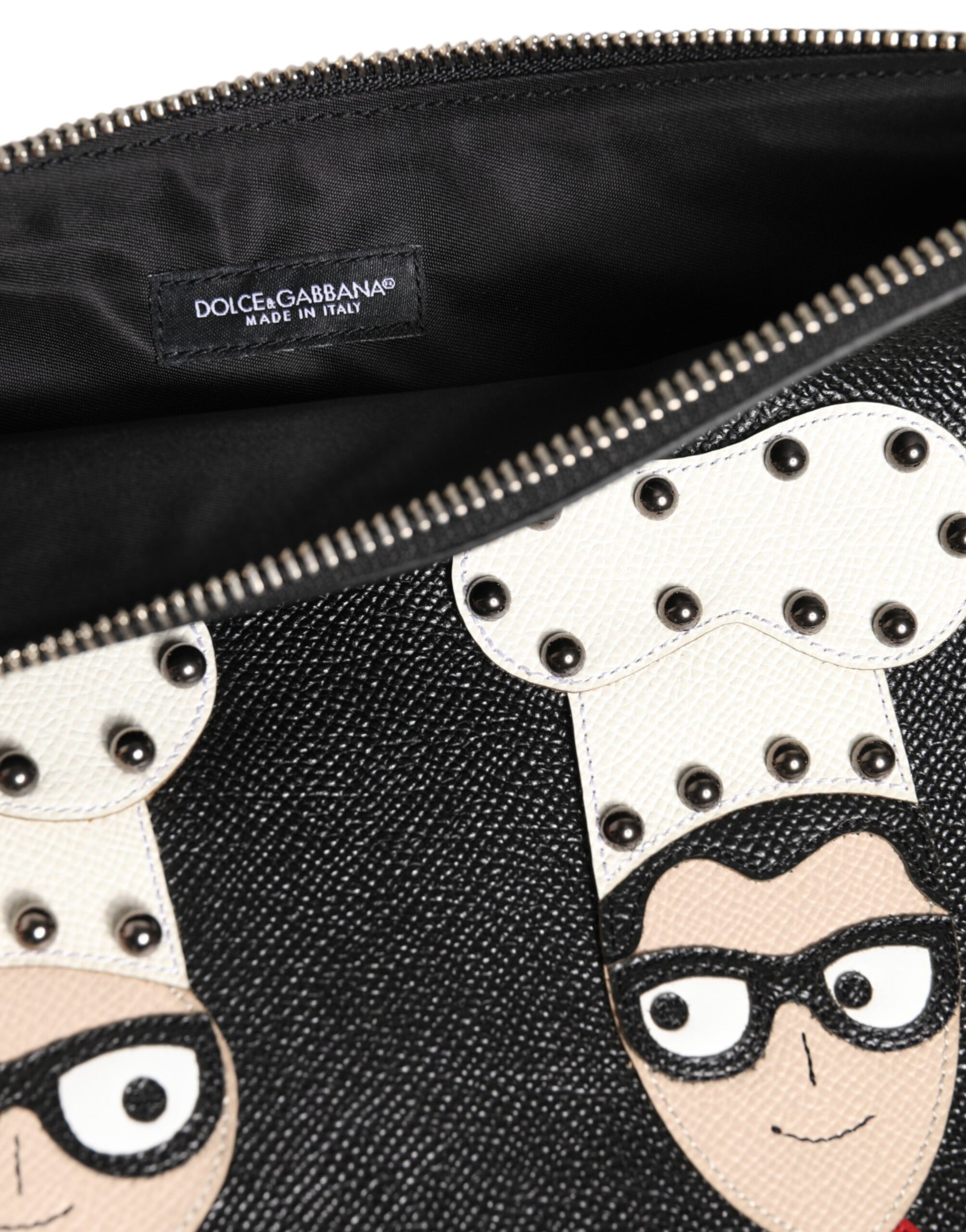 Dolce & Gabbana Black Leather #DGFAMILY Embellished Men Clutch Pouch Bag - ClickThatClicks 