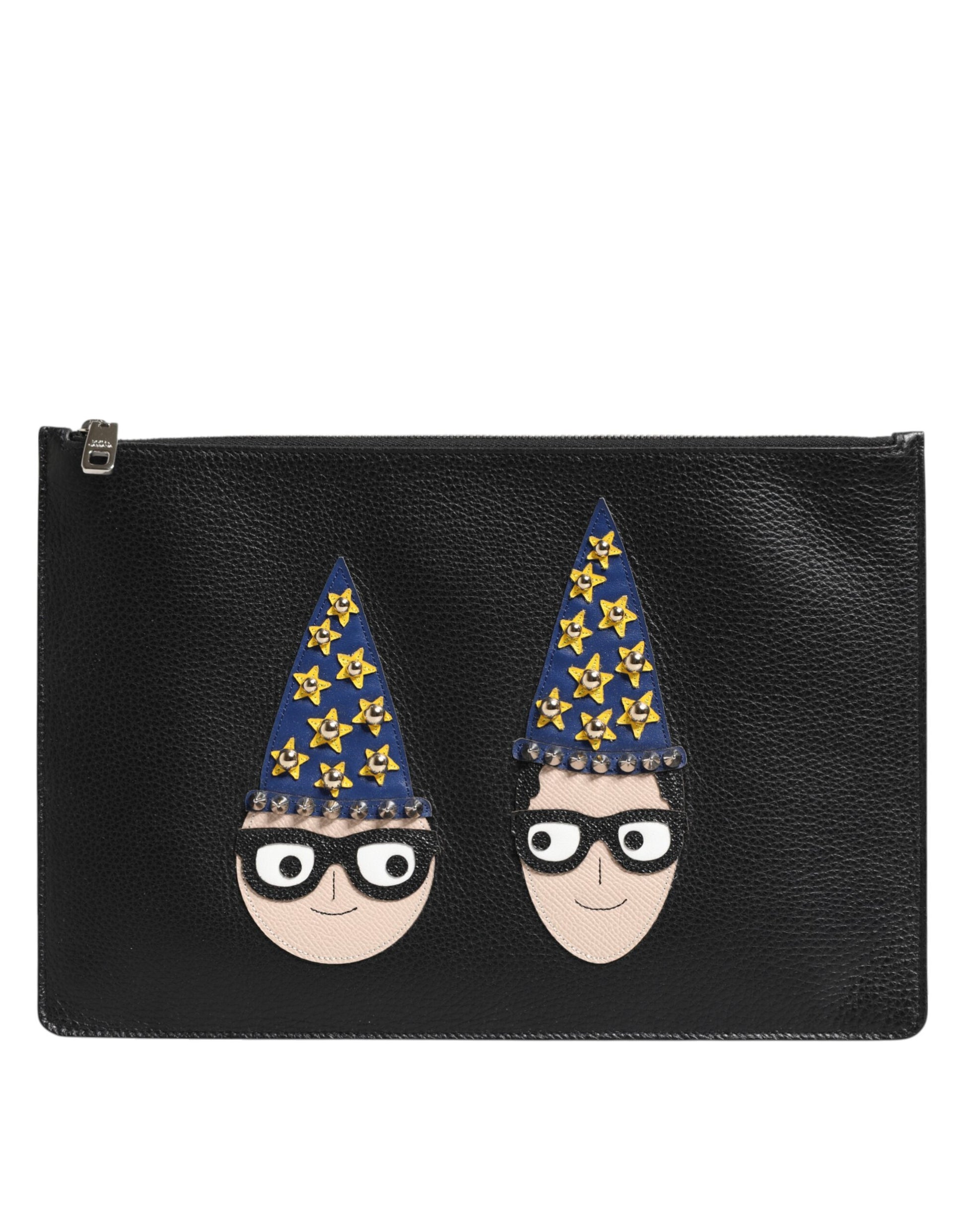 Dolce & Gabbana Black Leather #DGFAMILY Embellished Men Clutch Pouch Bag - ClickThatClicks 