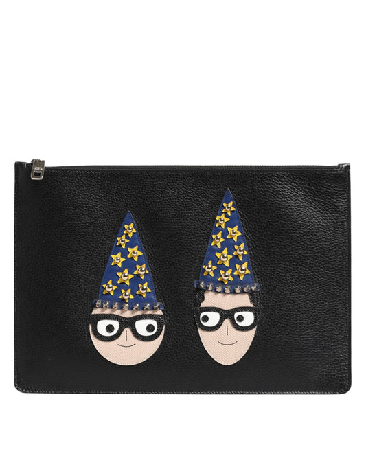 Dolce & Gabbana Black Leather #DGFAMILY Embellished Men Clutch Pouch Bag - ClickThatClicks 