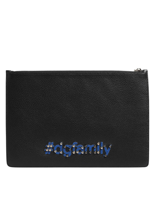 Dolce & Gabbana Black Leather #DGFAMILY Embellished Men Clutch Pouch Bag - ClickThatClicks 