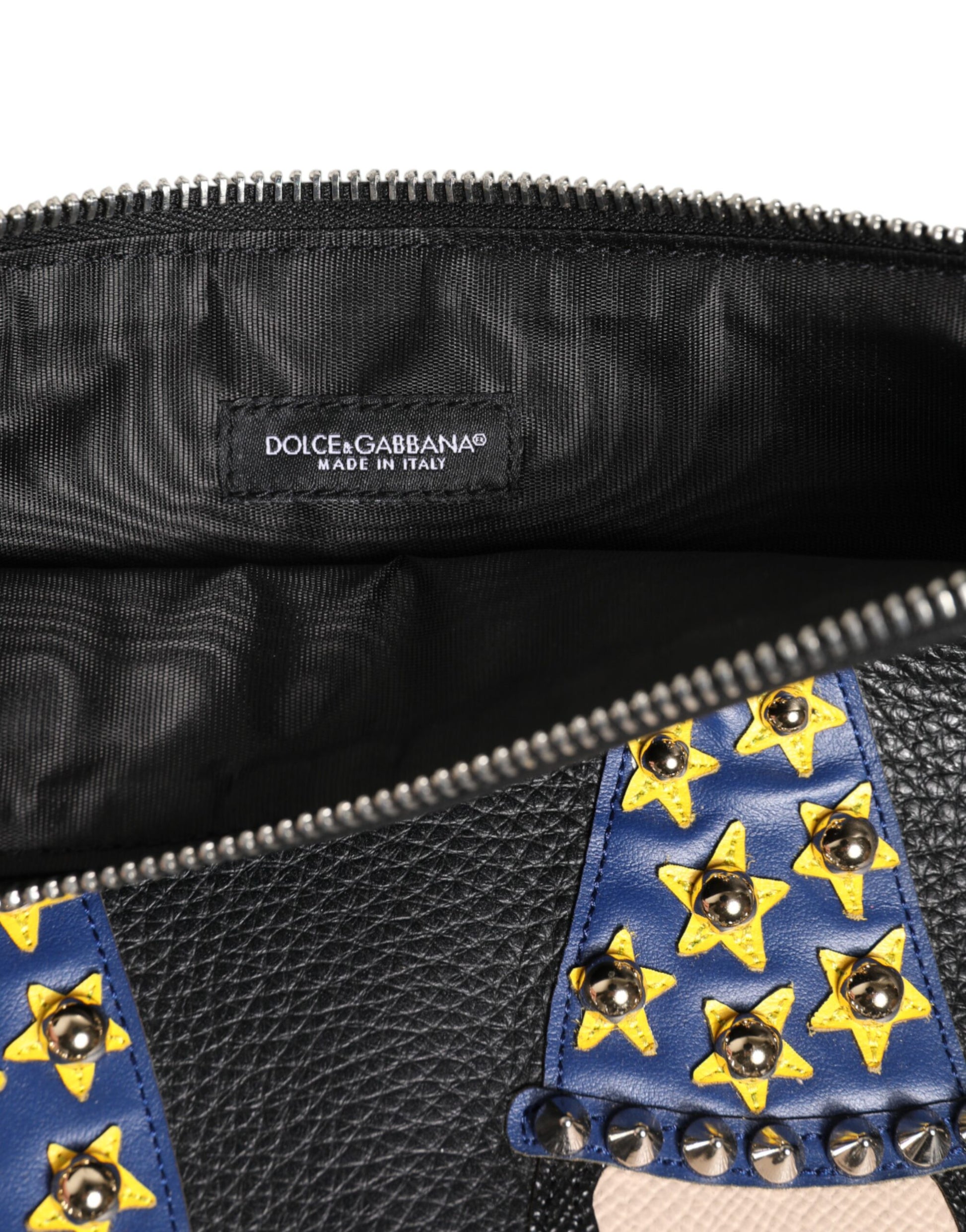 Dolce & Gabbana Black Leather #DGFAMILY Embellished Men Clutch Pouch Bag - ClickThatClicks 