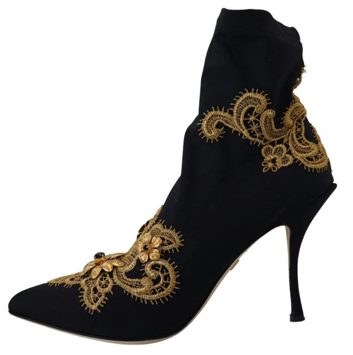 Dolce & Gabbana Black Gold Embroidery Crystal Boots Shoes - ClickThatClicks 