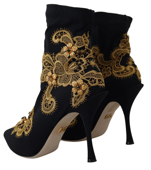 Dolce & Gabbana Black Gold Embroidery Crystal Boots Shoes - ClickThatClicks 