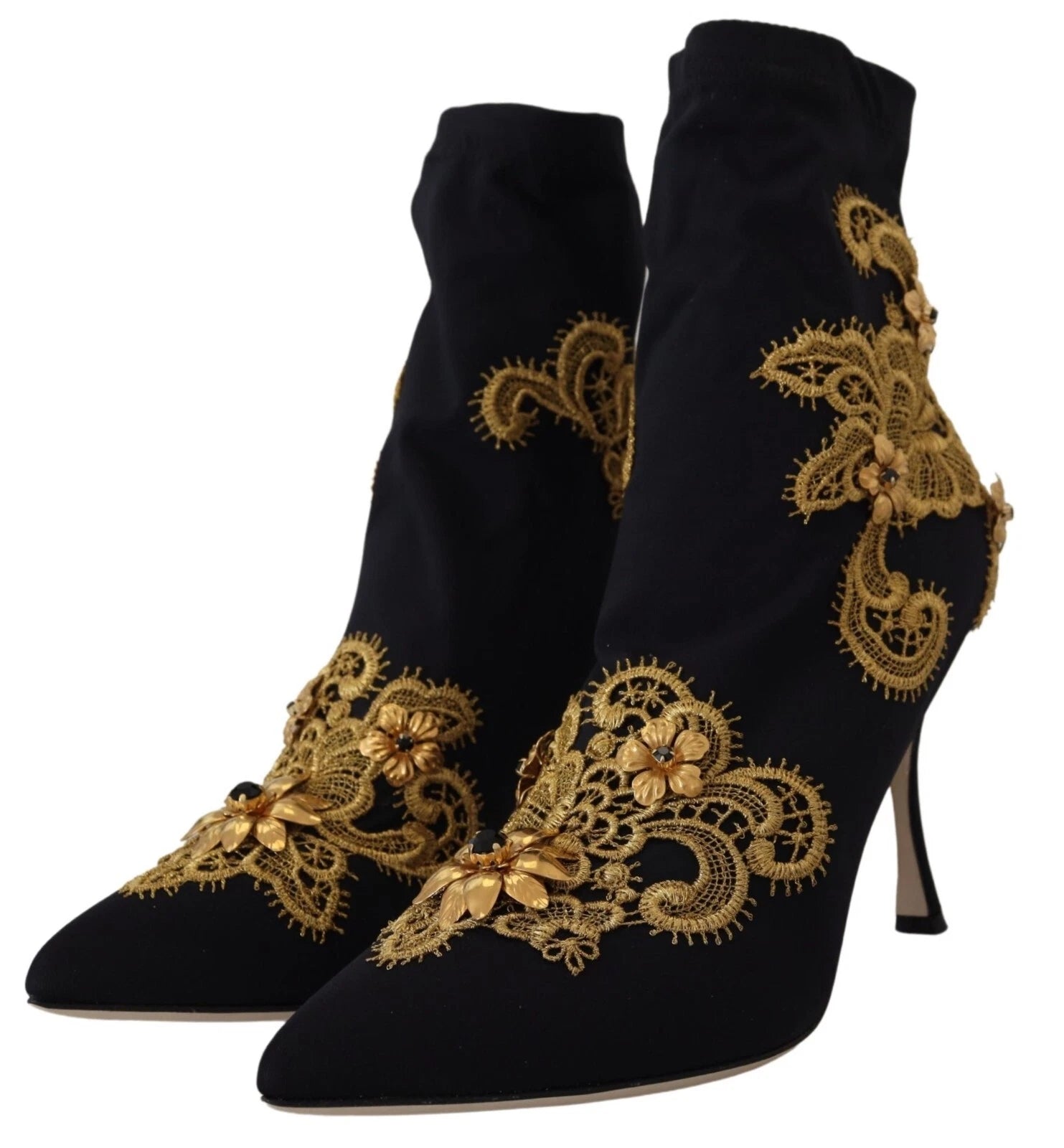 Dolce & Gabbana Black Gold Embroidery Crystal Boots Shoes - ClickThatClicks 