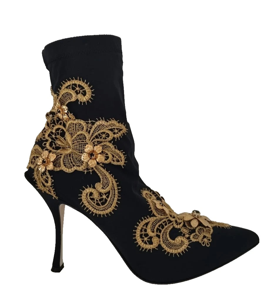 Dolce & Gabbana Black Gold Embroidery Crystal Boots Shoes - ClickThatClicks 