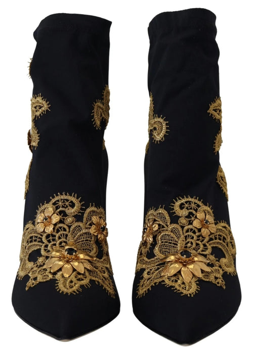 Dolce & Gabbana Black Gold Embroidery Crystal Boots Shoes - ClickThatClicks 