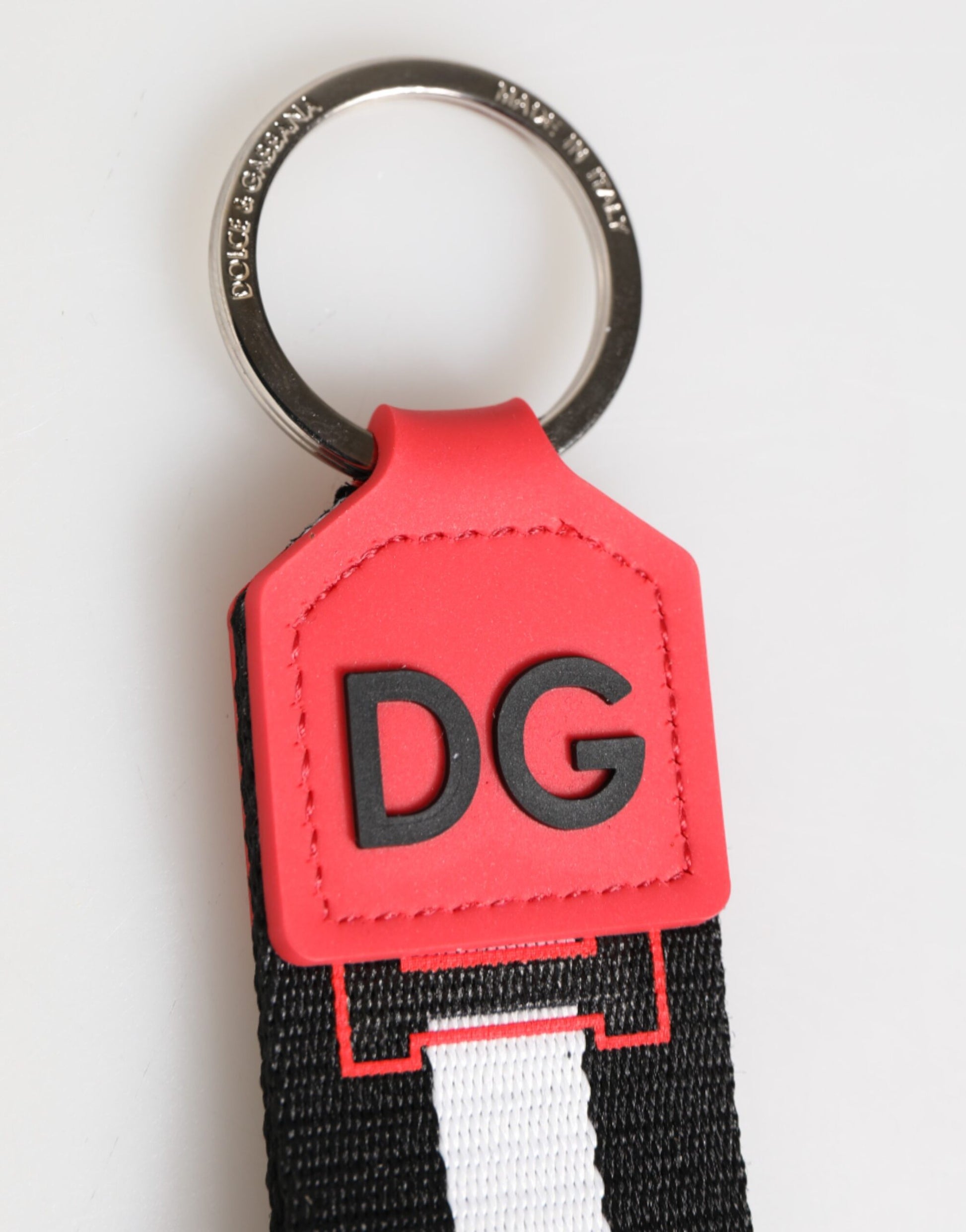 Dolce & Gabbana Red White DG Logo Polyester Brass Holder Keychain Keyring - ClickThatClicks 
