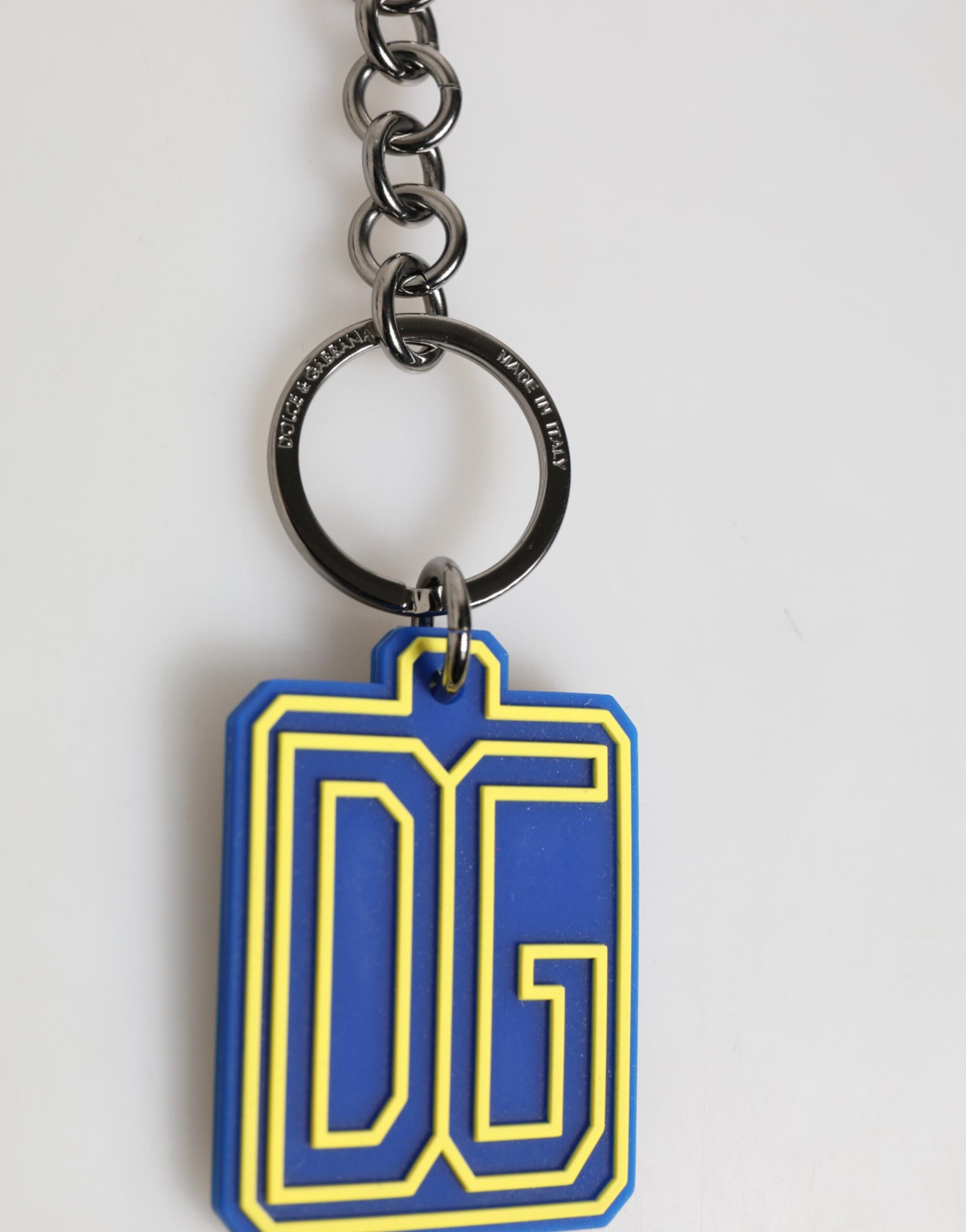 Dolce & Gabbana Blue Yellow DG Rubber Logo Silver Men Keychain Keyring - ClickThatClicks 