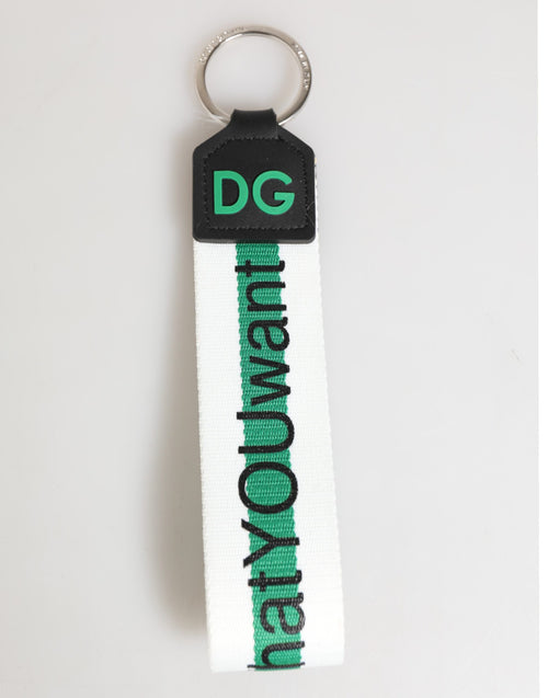 Dolce & Gabbana Green Logo Polyester Silver Brass Holder Keychain Keyring - ClickThatClicks 