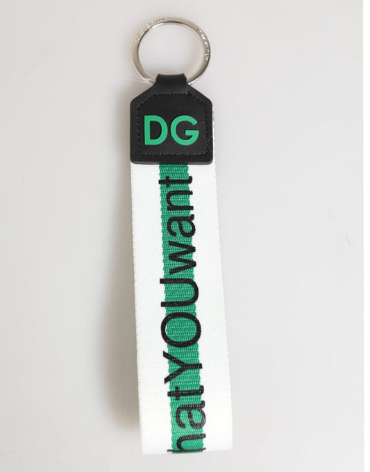 Dolce & Gabbana Green Logo Polyester Silver Brass Holder Keychain Keyring - ClickThatClicks 